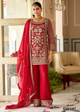 Crimson Red Satin Silk Suit Set with Gota Patti & Sequin Embroidery