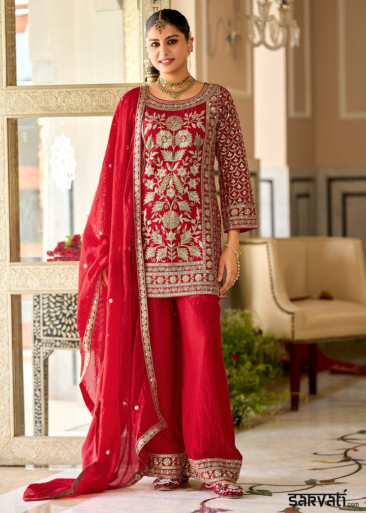Crimson Red Satin Silk Suit Set with Gota Patti &amp; Sequin Embroidery