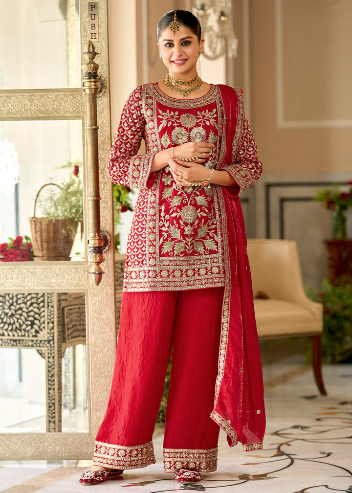 Crimson Red Satin Silk Suit Set with Gota Patti &amp; Sequin Embroidery
