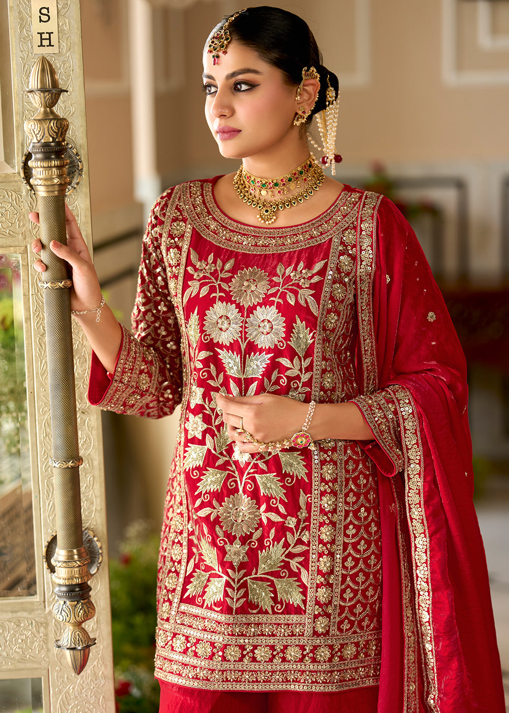 Crimson Red Satin Silk Suit Set with Gota Patti &amp; Sequin Embroidery