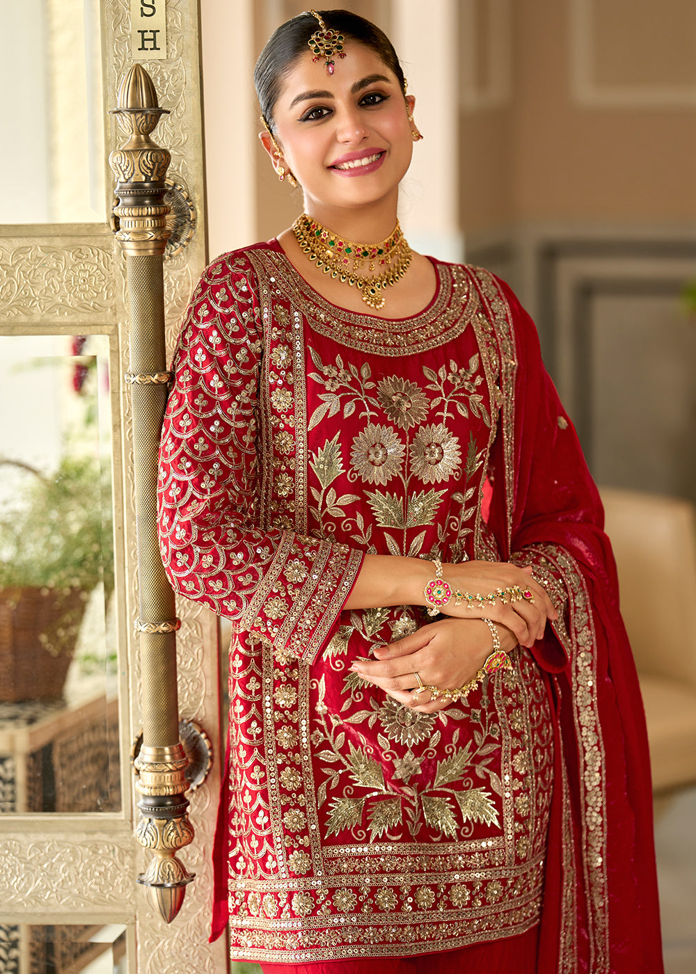Crimson Red Satin Silk Suit Set with Gota Patti &amp; Sequin Embroidery