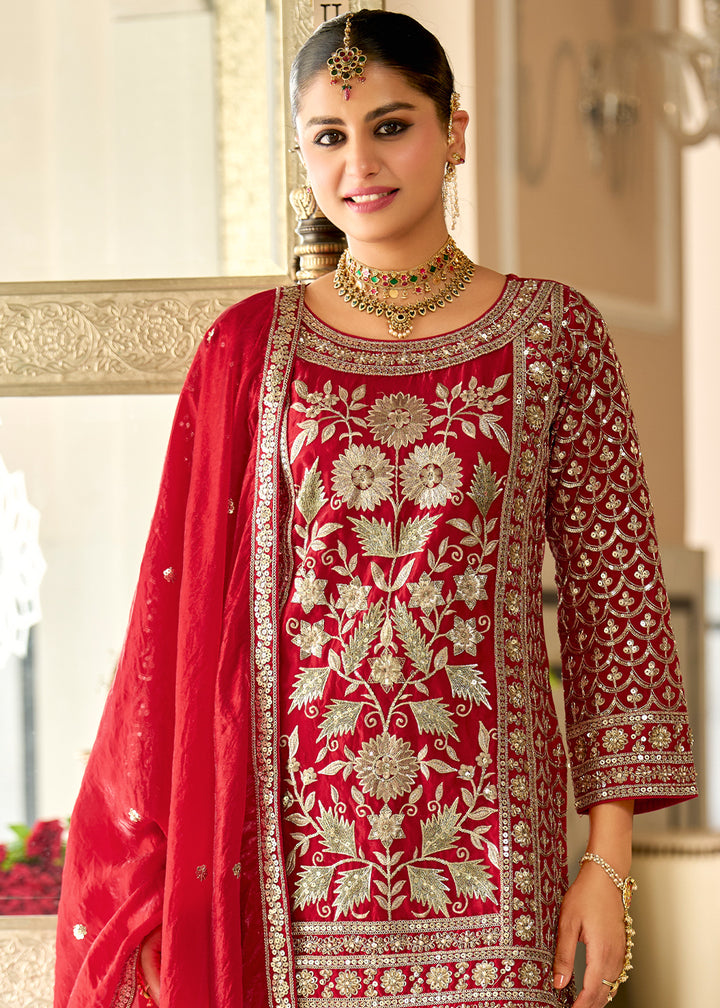 Crimson Red Satin Silk Suit Set with Gota Patti &amp; Sequin Embroidery