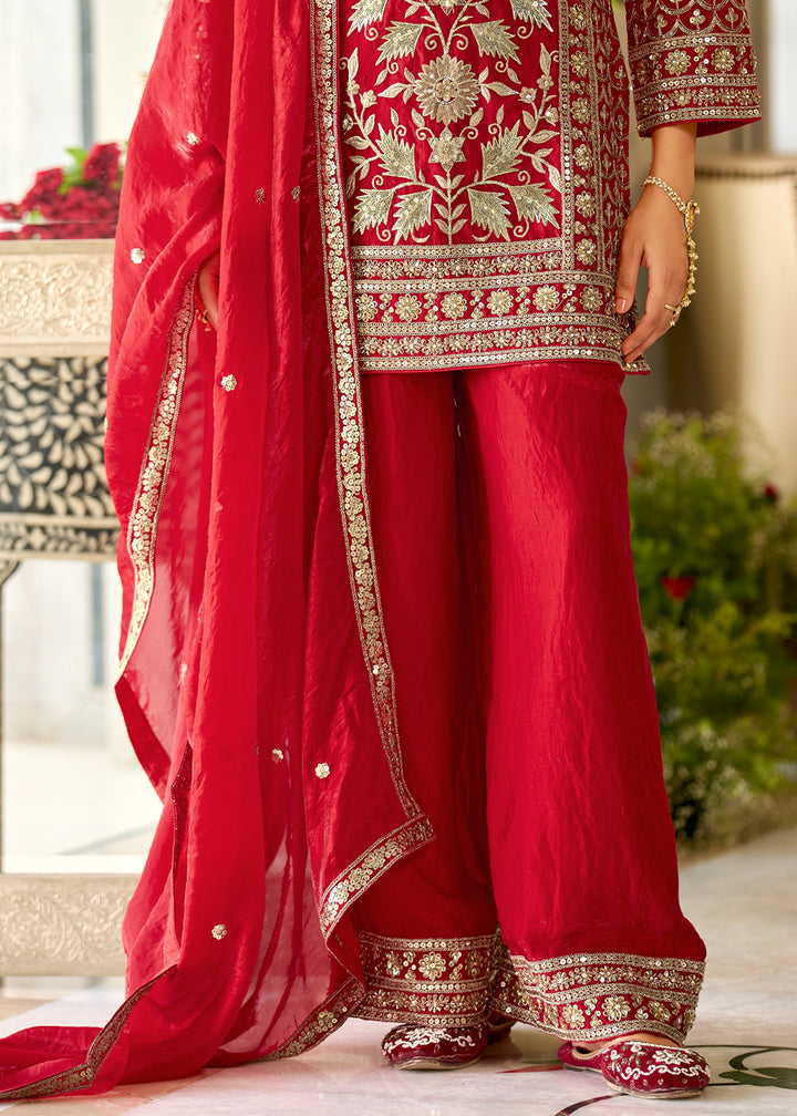 Crimson Red Satin Silk Suit Set with Gota Patti &amp; Sequin Embroidery