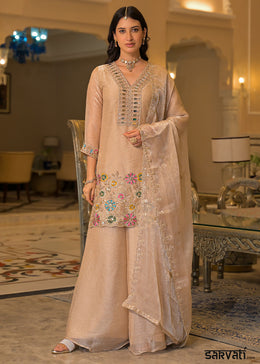 Champagne Beige Satin Silk Palazzo Suit Set with Mirror, Bead & Floral Embroidery