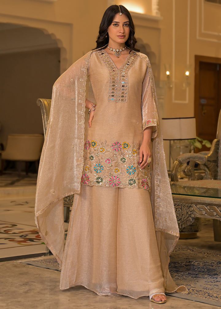 Champagne Beige Satin Silk Palazzo Suit Set with Mirror, Bead &amp; Floral Embroidery