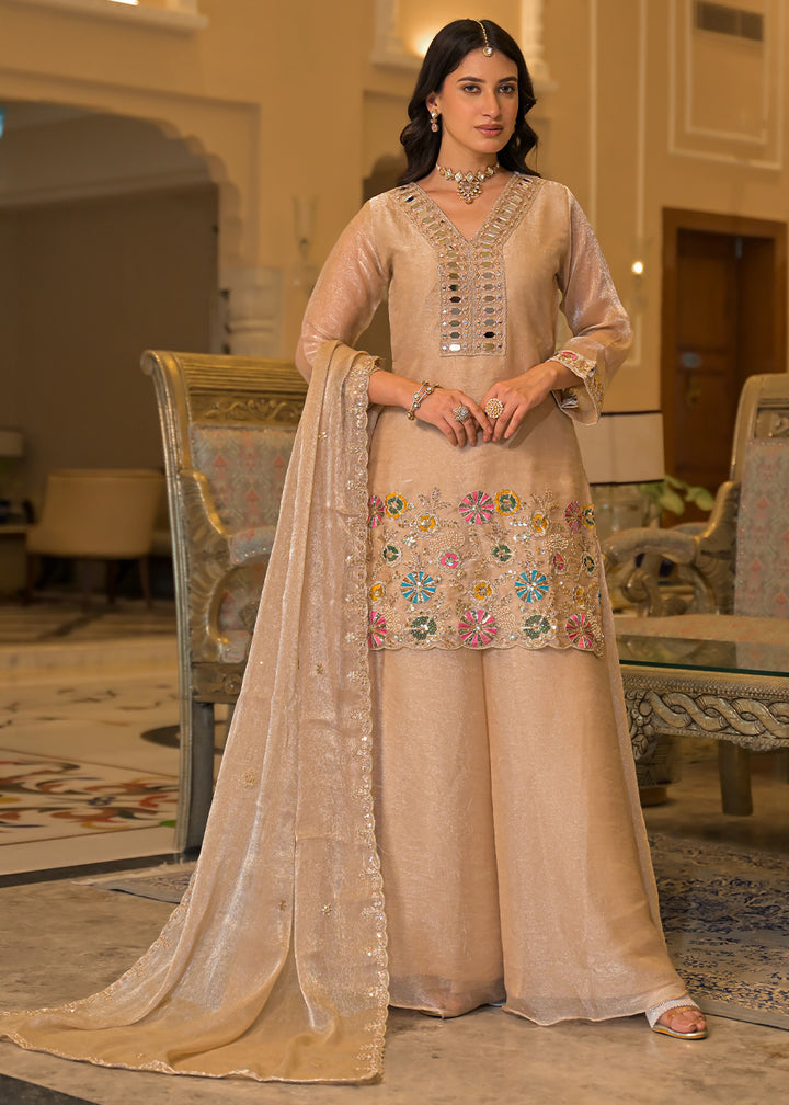 Champagne Beige Satin Silk Palazzo Suit Set with Mirror, Bead &amp; Floral Embroidery