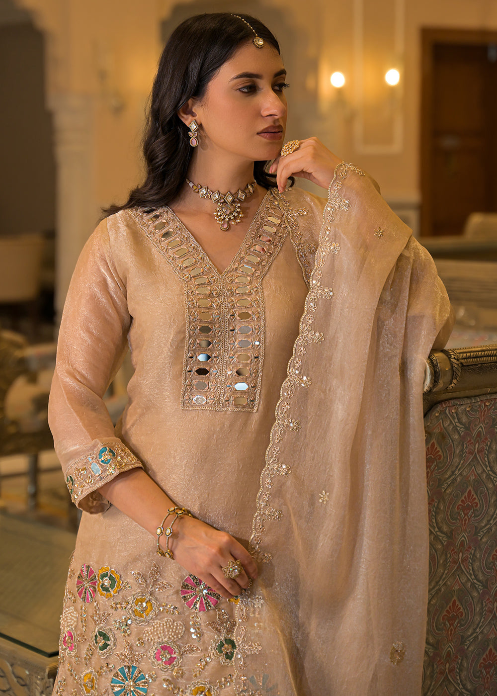 Champagne Beige Satin Silk Palazzo Suit Set with Mirror, Bead &amp; Floral Embroidery