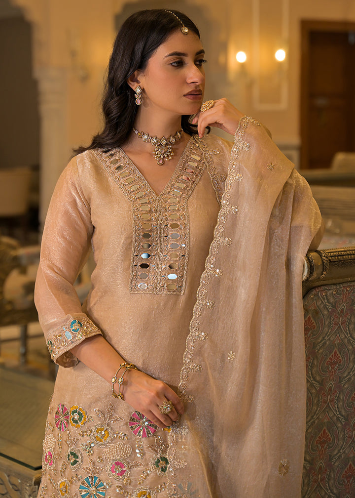 Champagne Beige Satin Silk Palazzo Suit Set with Mirror, Bead &amp; Floral Embroidery
