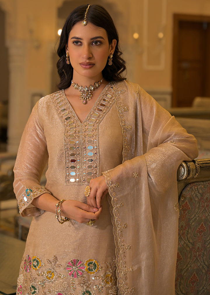 Champagne Beige Satin Silk Palazzo Suit Set with Mirror, Bead &amp; Floral Embroidery