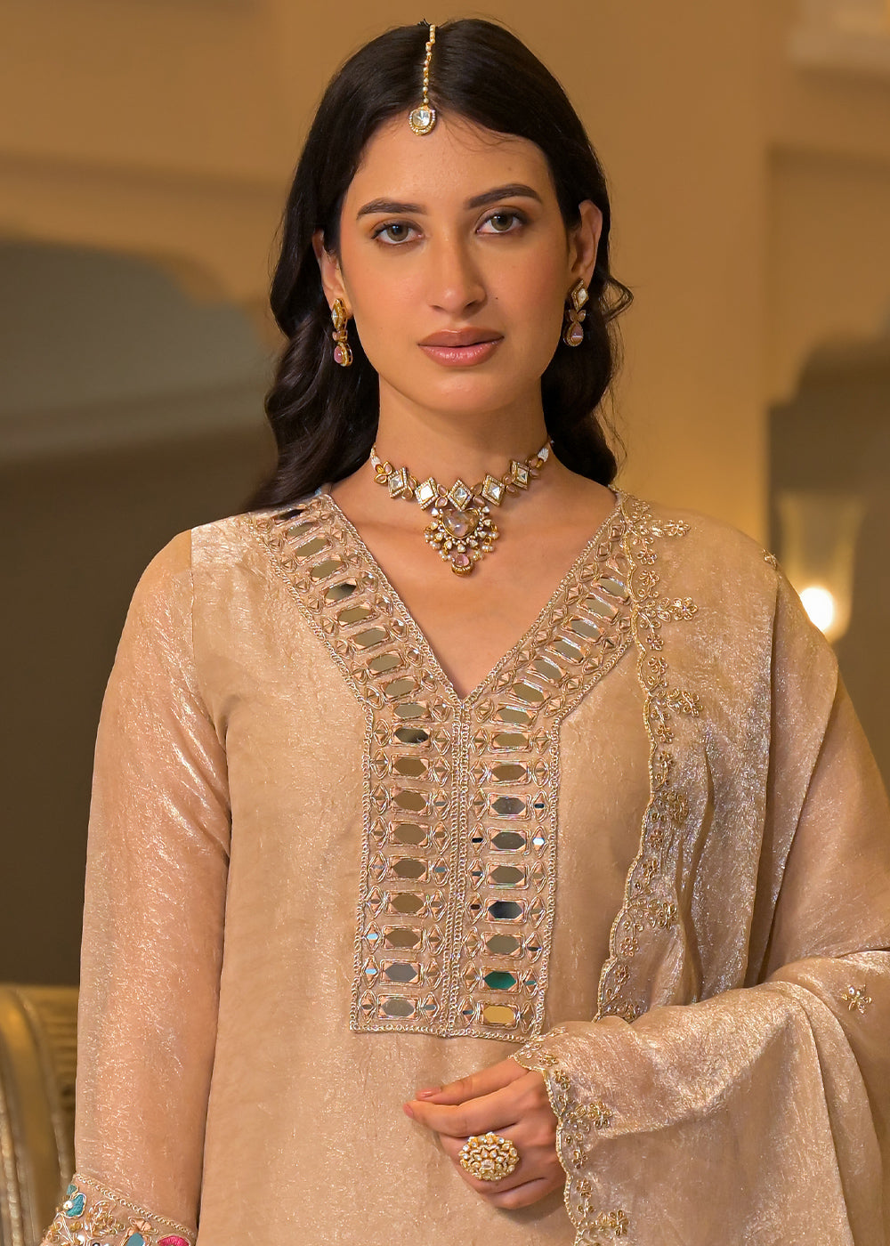 Champagne Beige Satin Silk Palazzo Suit Set with Mirror, Bead &amp; Floral Embroidery