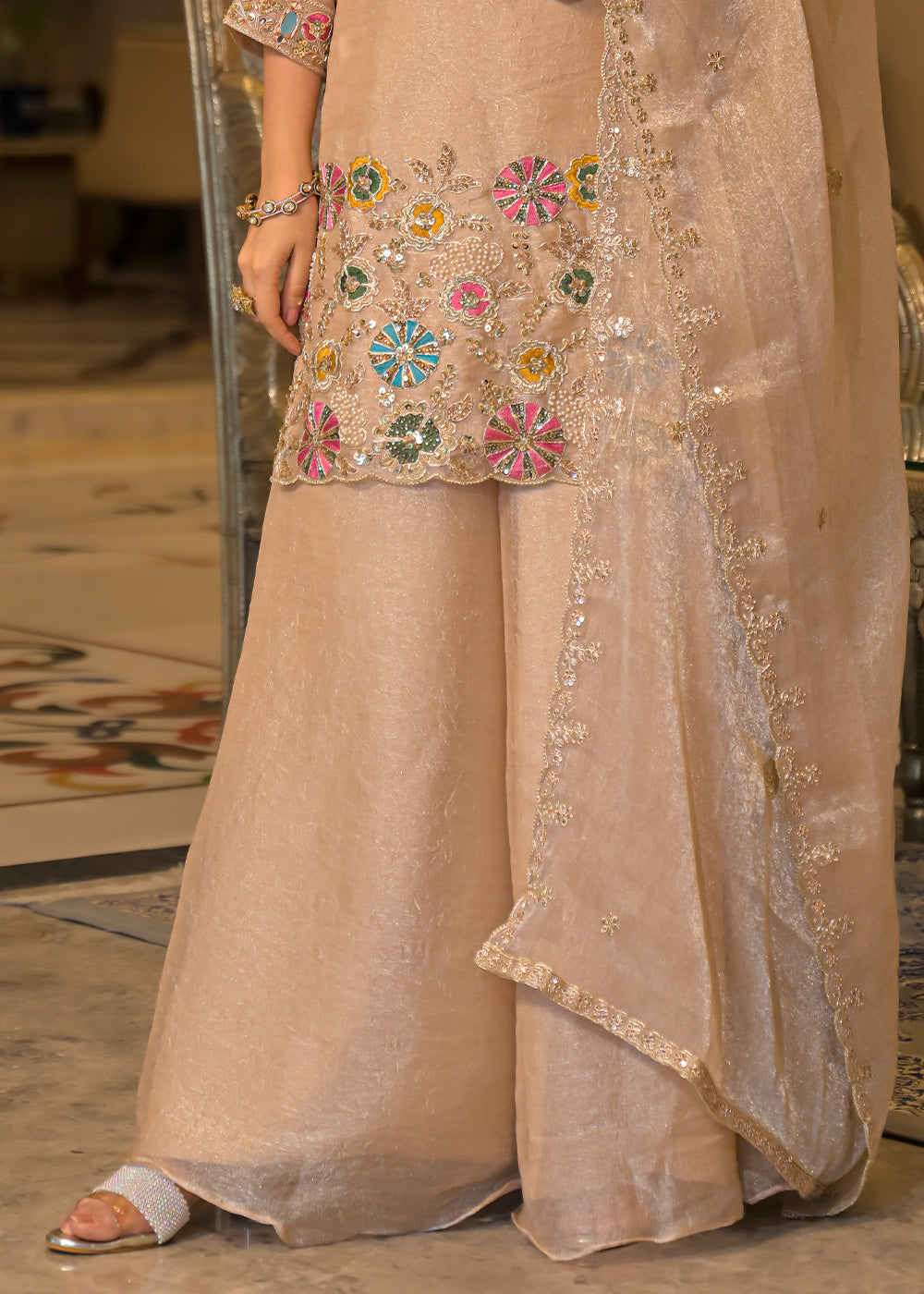 Champagne Beige Satin Silk Palazzo Suit Set with Mirror, Bead &amp; Floral Embroidery