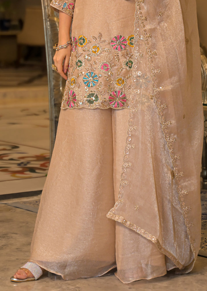 Champagne Beige Satin Silk Palazzo Suit Set with Mirror, Bead &amp; Floral Embroidery