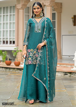 Sea Green Satin Silk Palazzo Suit Set with Mirror, Bead & Floral Embroidery