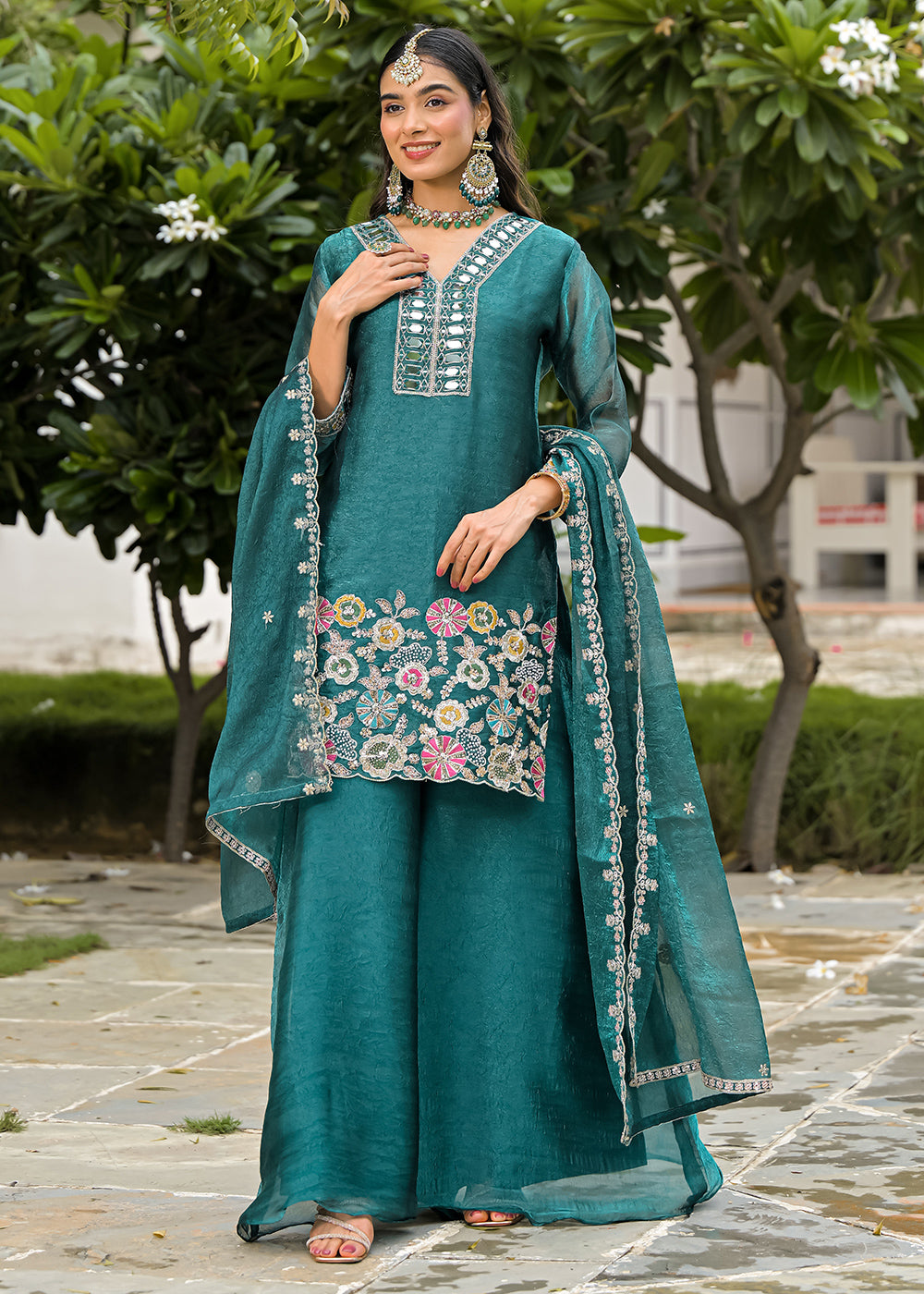 Sea Green Satin Silk Palazzo Suit Set with Mirror, Bead & Floral Embroidery