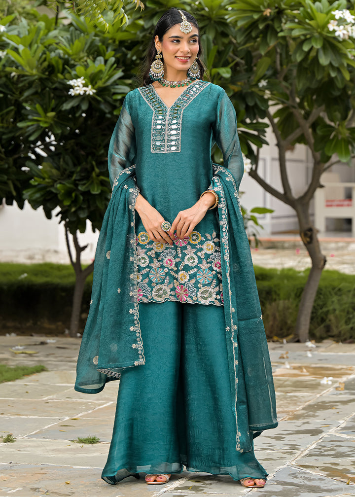 Sea Green Satin Silk Palazzo Suit Set with Mirror, Bead &amp; Floral Embroidery