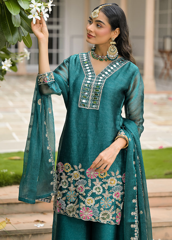 Sea Green Satin Silk Palazzo Suit Set with Mirror, Bead &amp; Floral Embroidery