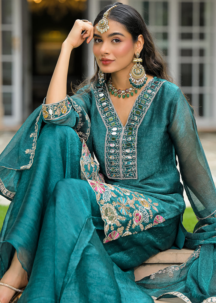 Sea Green Satin Silk Palazzo Suit Set with Mirror, Bead &amp; Floral Embroidery