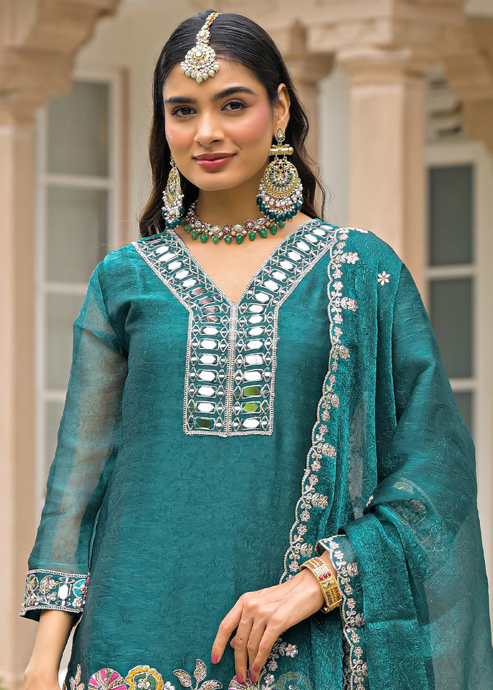Sea Green Satin Silk Palazzo Suit Set with Mirror, Bead &amp; Floral Embroidery