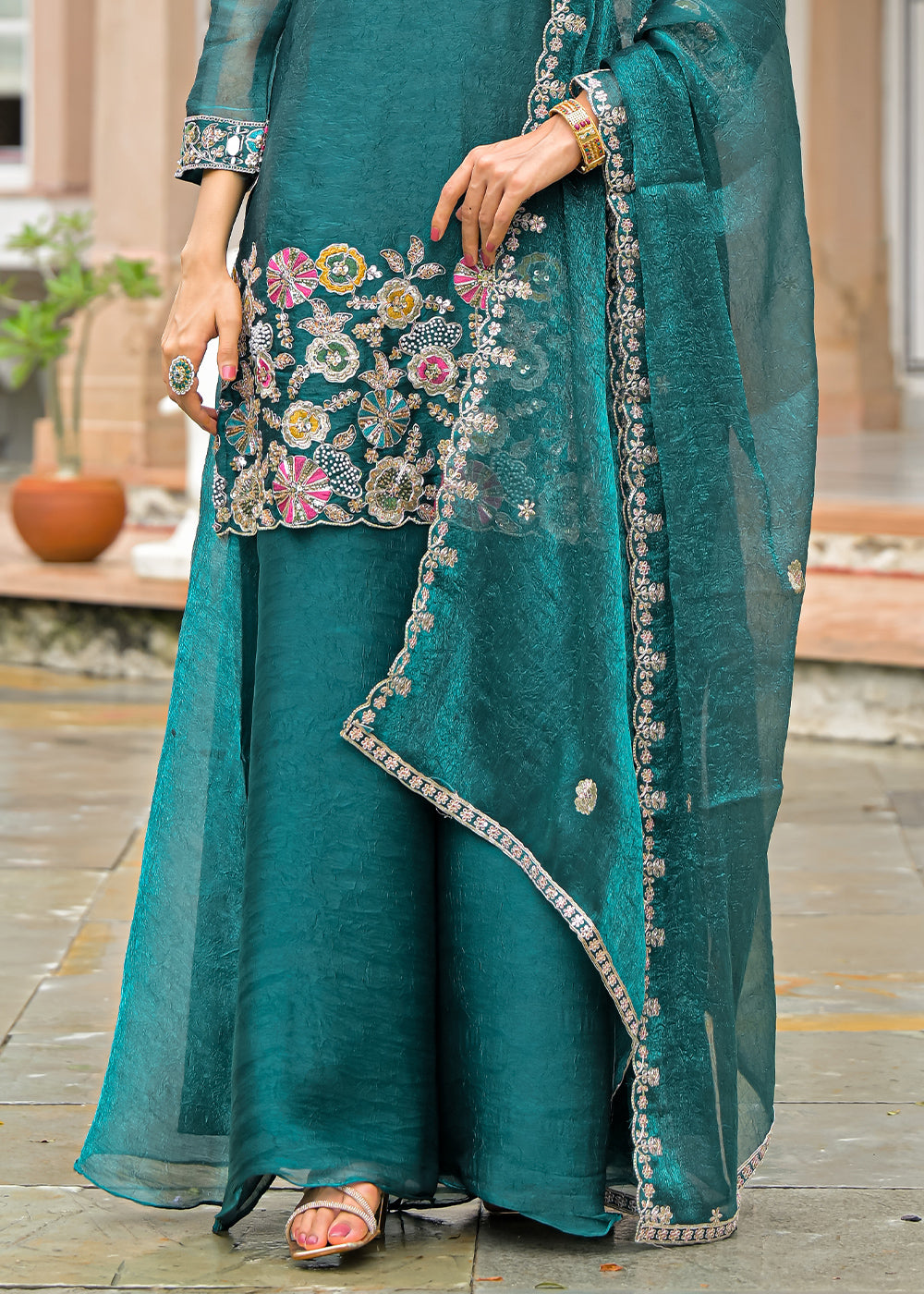 Sea Green Satin Silk Palazzo Suit Set with Mirror, Bead &amp; Floral Embroidery