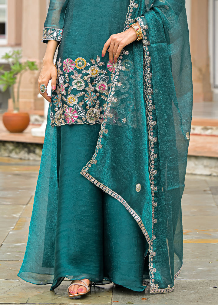 Sea Green Satin Silk Palazzo Suit Set with Mirror, Bead &amp; Floral Embroidery