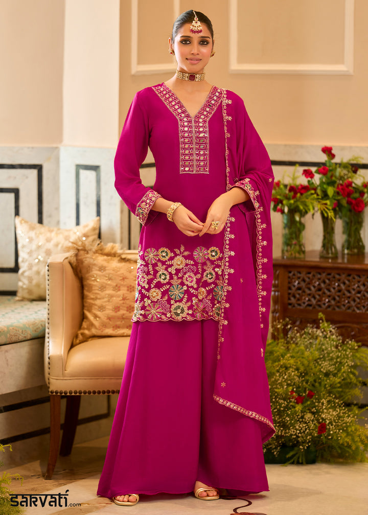 Deep Magenta Satin Silk Palazzo Suit Set with Mirror, Bead &amp; Floral Embroidery