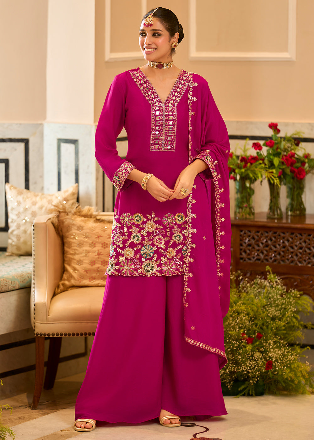 Deep Magenta Satin Silk Palazzo Suit Set with Mirror, Bead &amp; Floral Embroidery