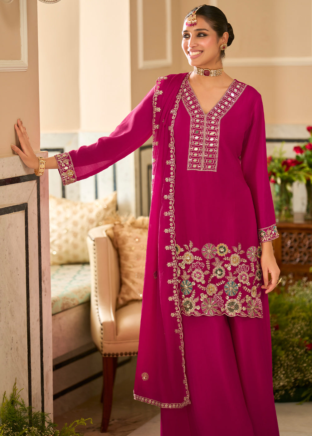 Deep Magenta Satin Silk Palazzo Suit Set with Mirror, Bead &amp; Floral Embroidery