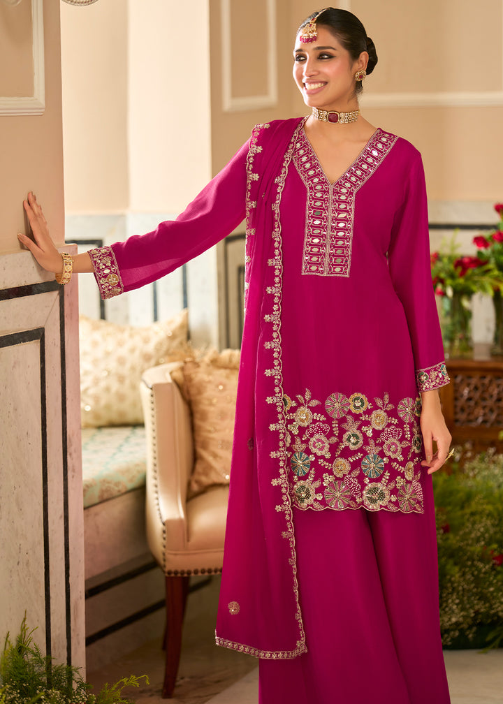 Deep Magenta Satin Silk Palazzo Suit Set with Mirror, Bead &amp; Floral Embroidery