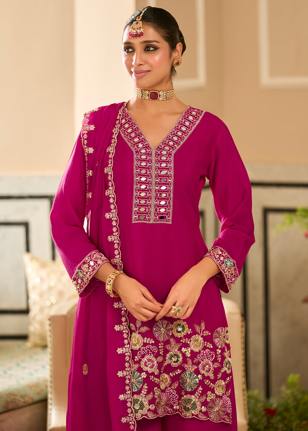 Deep Magenta Satin Silk Palazzo Suit Set with Mirror, Bead &amp; Floral Embroidery