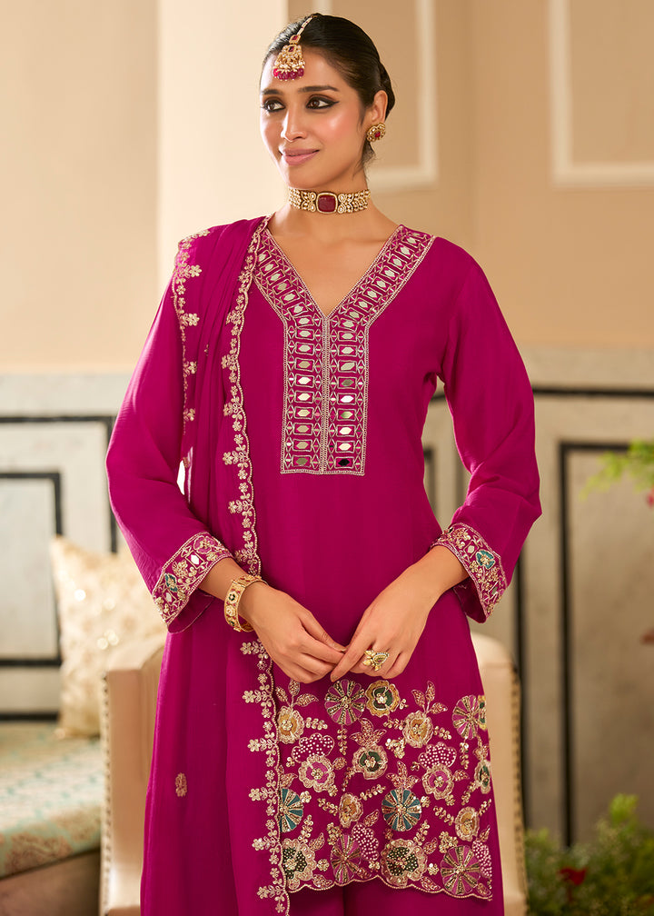 Deep Magenta Satin Silk Palazzo Suit Set with Mirror, Bead &amp; Floral Embroidery