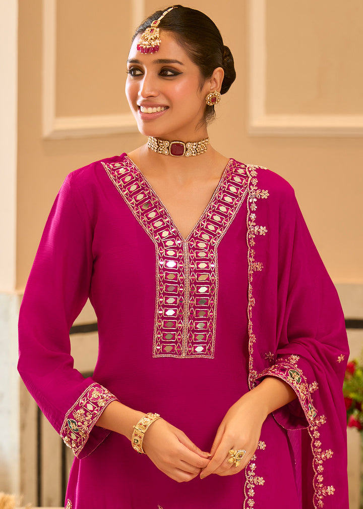 Deep Magenta Satin Silk Palazzo Suit Set with Mirror, Bead &amp; Floral Embroidery