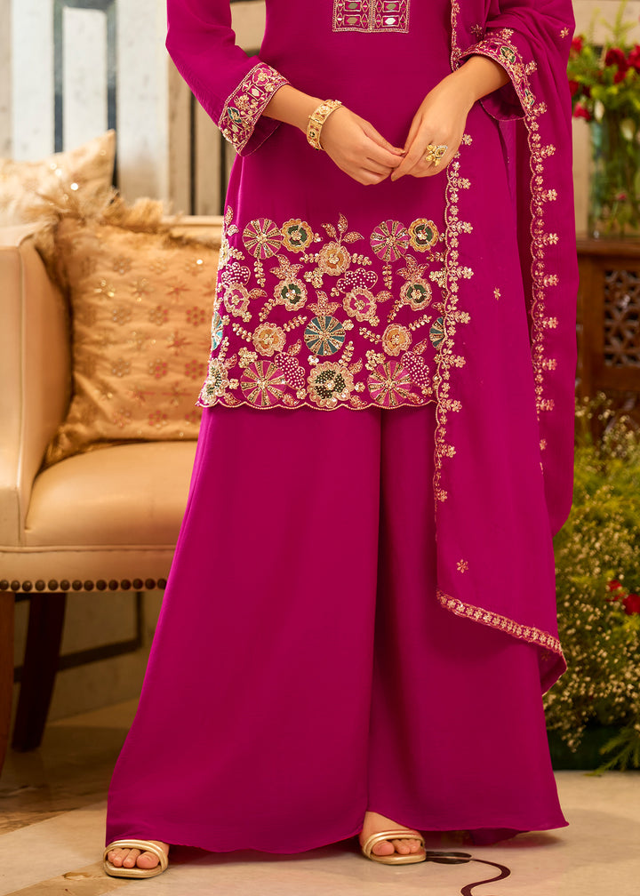 Deep Magenta Satin Silk Palazzo Suit Set with Mirror, Bead &amp; Floral Embroidery