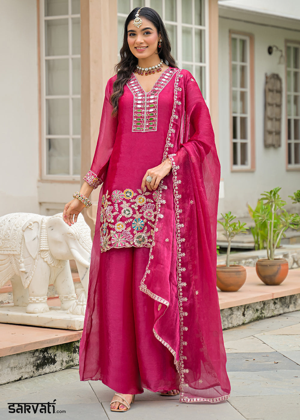 Hot Pink Satin Silk Palazzo Suit Set with Mirror, Bead &amp; Floral Embroidery