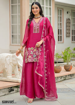 Hot Pink Satin Silk Palazzo Suit Set with Mirror, Bead & Floral Embroidery