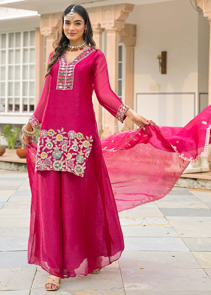 Hot Pink Satin Silk Palazzo Suit Set with Mirror, Bead &amp; Floral Embroidery