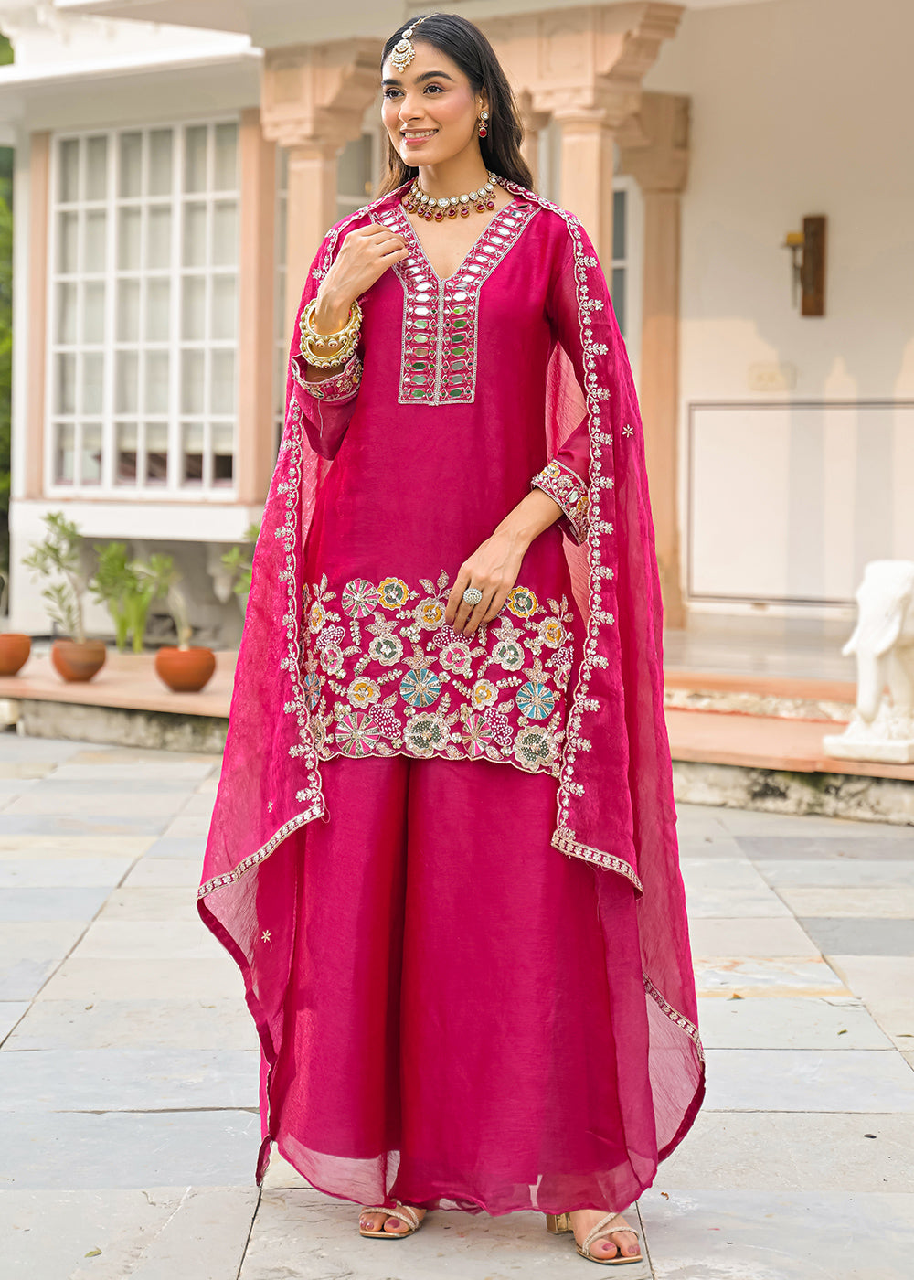 Hot Pink Satin Silk Palazzo Suit Set with Mirror, Bead &amp; Floral Embroidery
