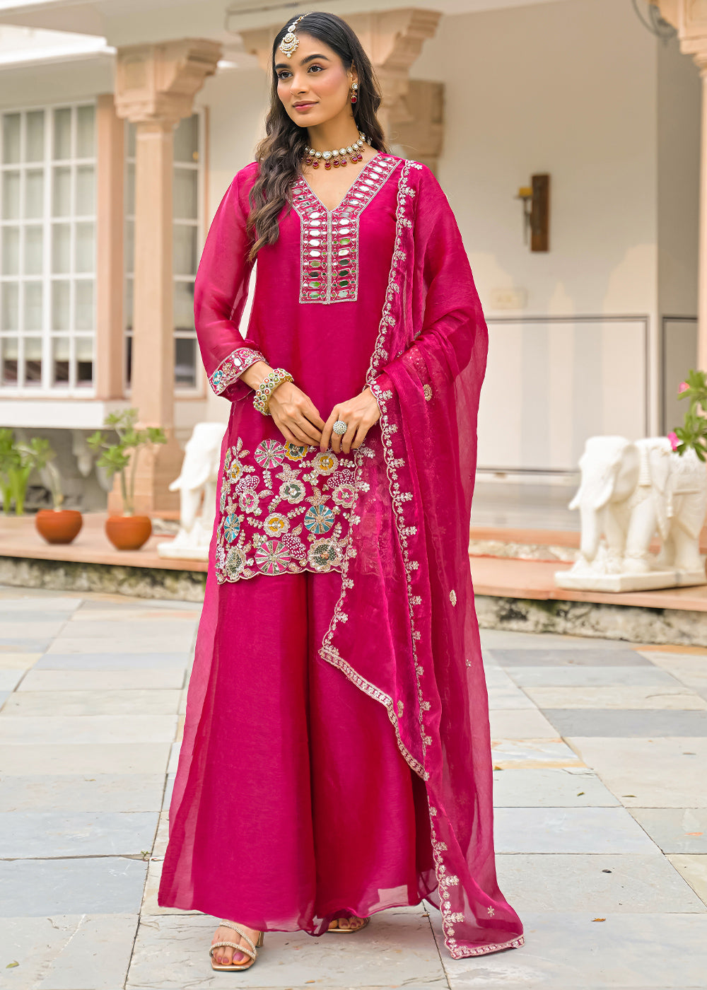 Hot Pink Satin Silk Palazzo Suit Set with Mirror, Bead &amp; Floral Embroidery