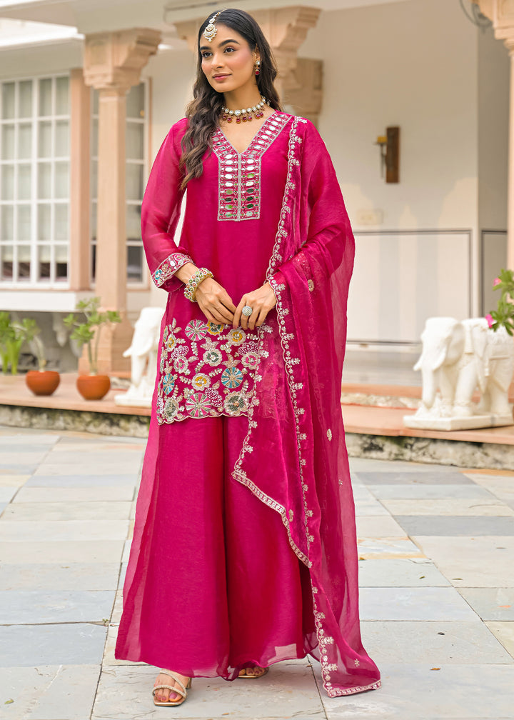 Hot Pink Satin Silk Palazzo Suit Set with Mirror, Bead &amp; Floral Embroidery
