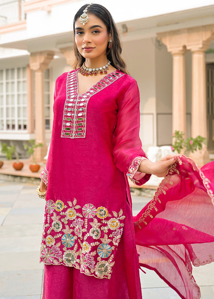 Hot Pink Satin Silk Palazzo Suit Set with Mirror, Bead &amp; Floral Embroidery