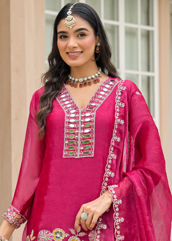 Hot Pink Satin Silk Palazzo Suit Set with Mirror, Bead &amp; Floral Embroidery