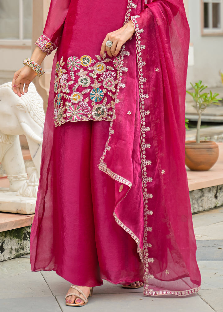 Hot Pink Satin Silk Palazzo Suit Set with Mirror, Bead &amp; Floral Embroidery