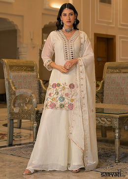 Ivory White Satin Silk Palazzo Suit Set with Mirror, Bead & Floral Embroidery