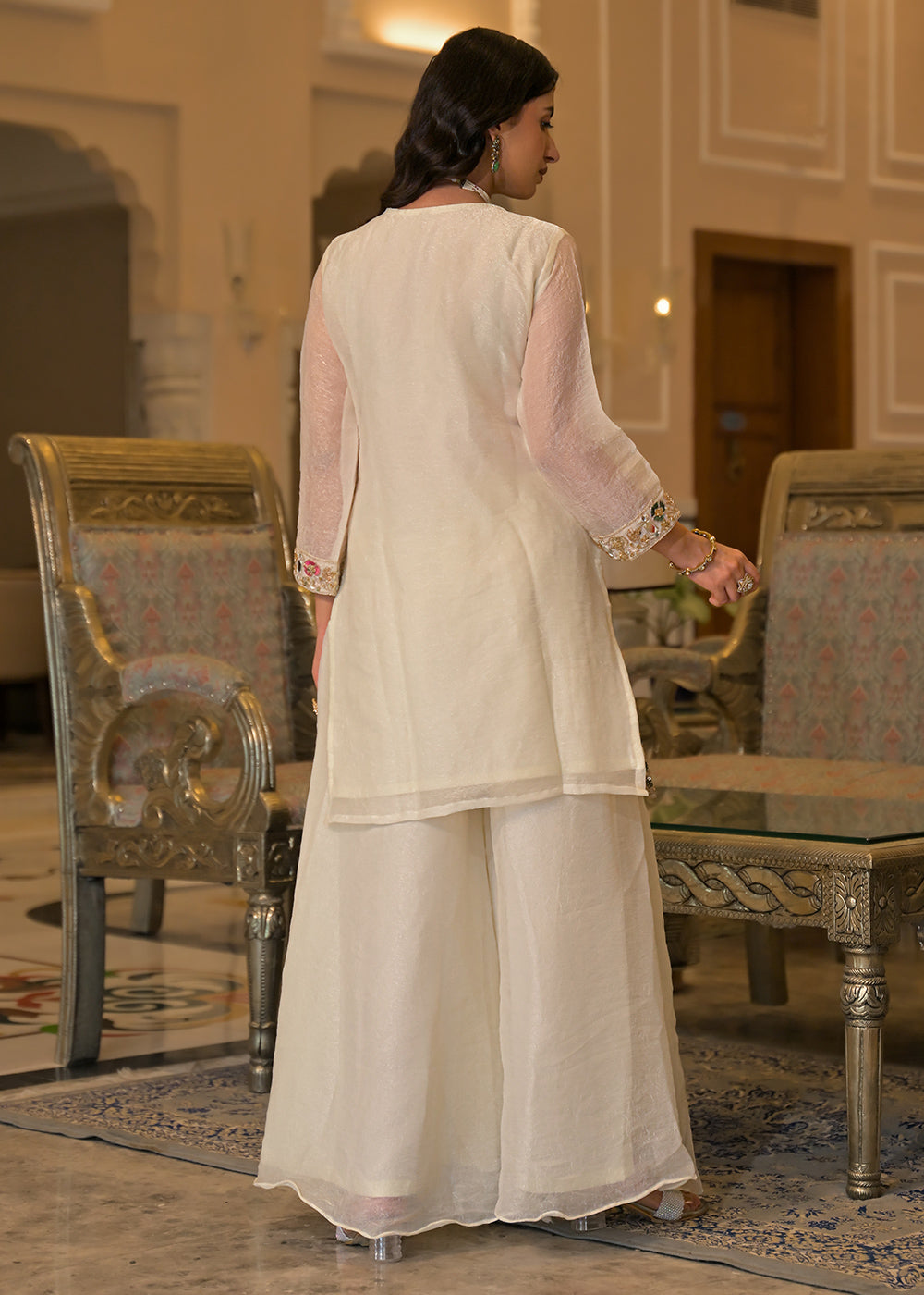 Ivory White Satin Silk Palazzo Suit Set with Mirror, Bead & Floral Embroidery