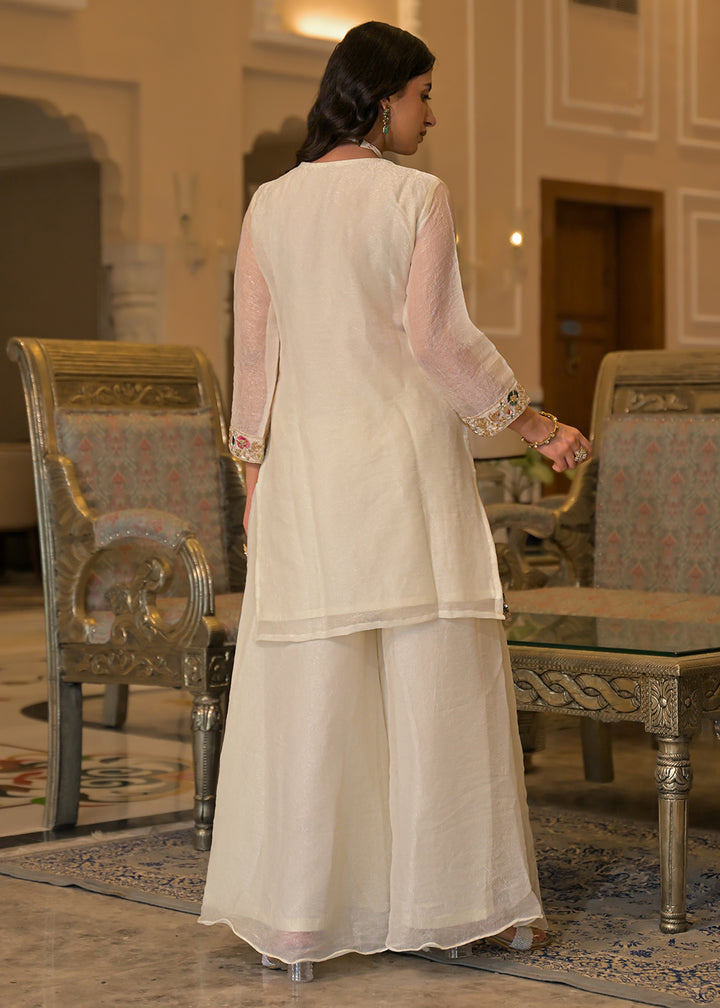 Ivory White Satin Silk Palazzo Suit Set with Mirror, Bead &amp; Floral Embroidery