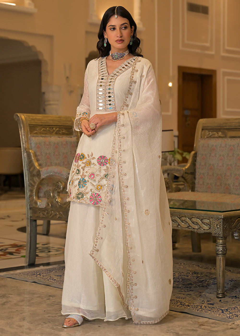 Ivory White Satin Silk Palazzo Suit Set with Mirror, Bead &amp; Floral Embroidery