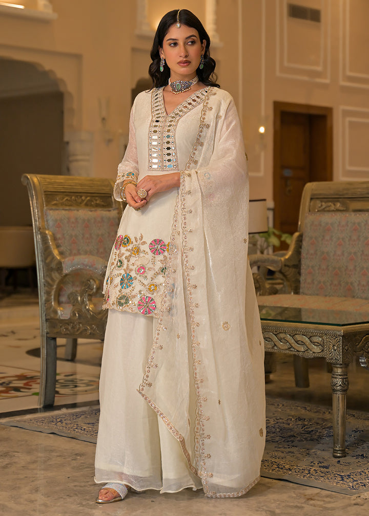 Ivory White Satin Silk Palazzo Suit Set with Mirror, Bead &amp; Floral Embroidery