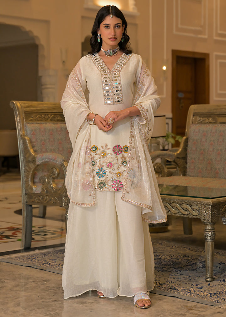 Ivory White Satin Silk Palazzo Suit Set with Mirror, Bead &amp; Floral Embroidery