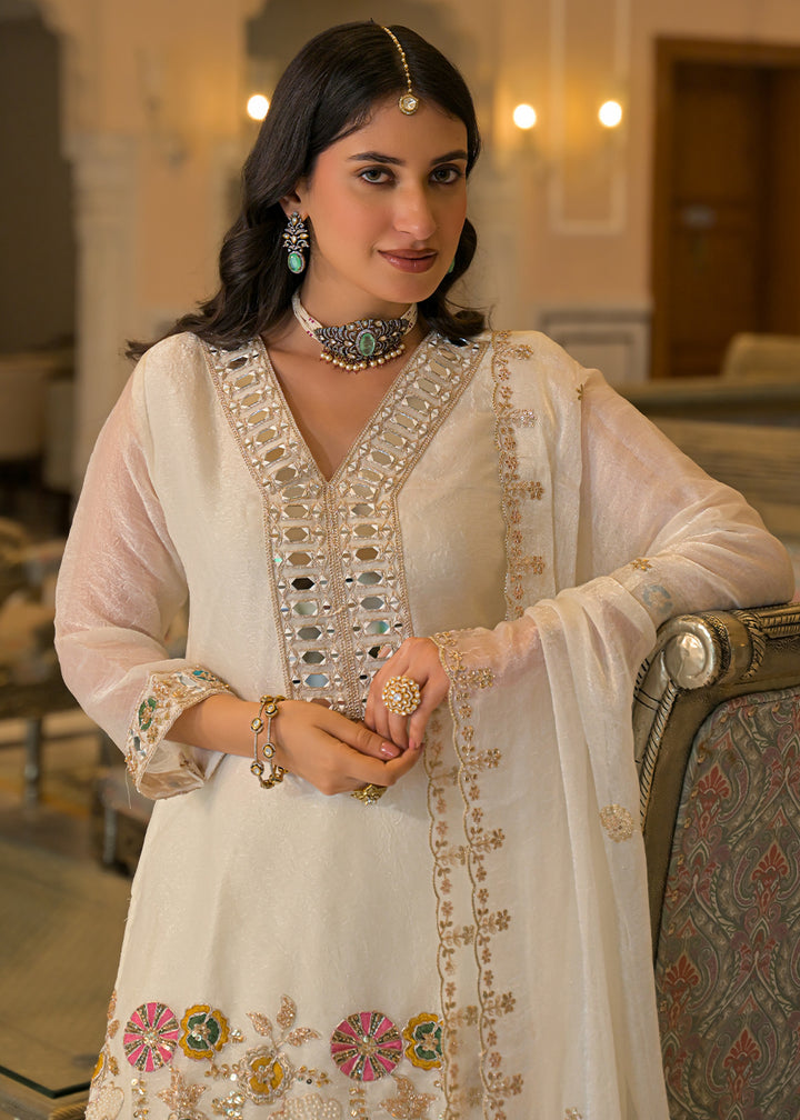 Ivory White Satin Silk Palazzo Suit Set with Mirror, Bead &amp; Floral Embroidery