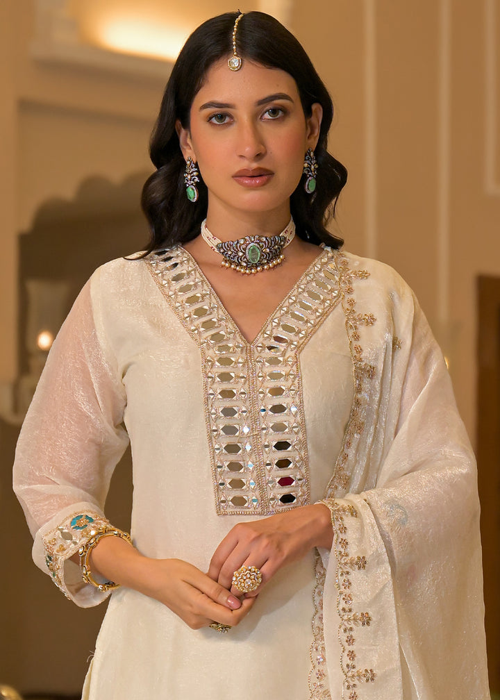 Ivory White Satin Silk Palazzo Suit Set with Mirror, Bead &amp; Floral Embroidery