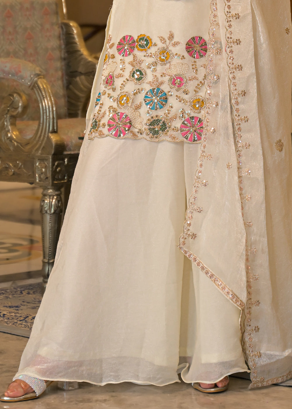Ivory White Satin Silk Palazzo Suit Set with Mirror, Bead &amp; Floral Embroidery
